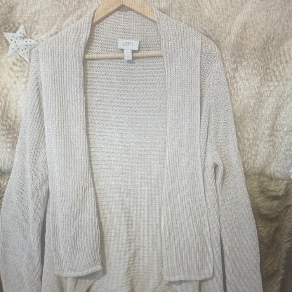 LOFT Cream Open-Front Ribbed Cardigan